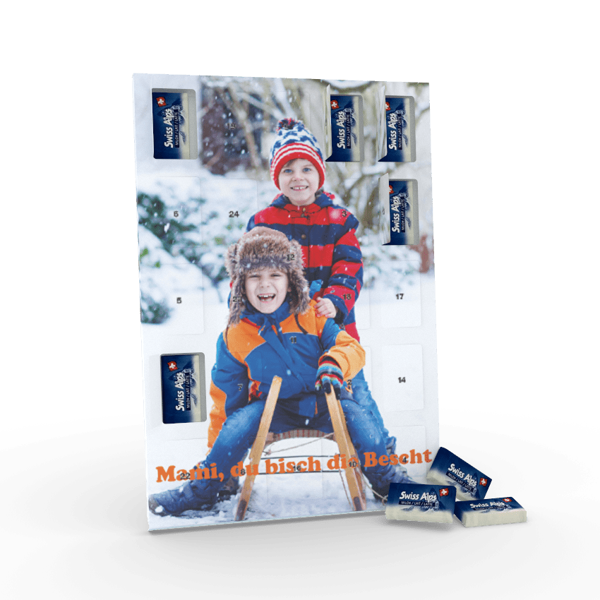 Gefüllt mit 24 Schweizer Schokoladen-Täfelchen von Alprose – der perfekte Adventskalender für Familie und Freunde.